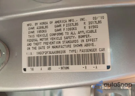 2010 Honda Accord 2.4 Lx z USA, uszkodzony, nr VIN 1HGCP2F34AA086206